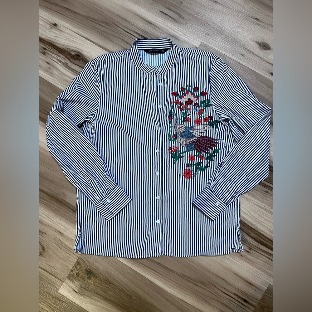 Zara Woman Top Size Small S Striped Embroidered Bird Button Down Heron Crane